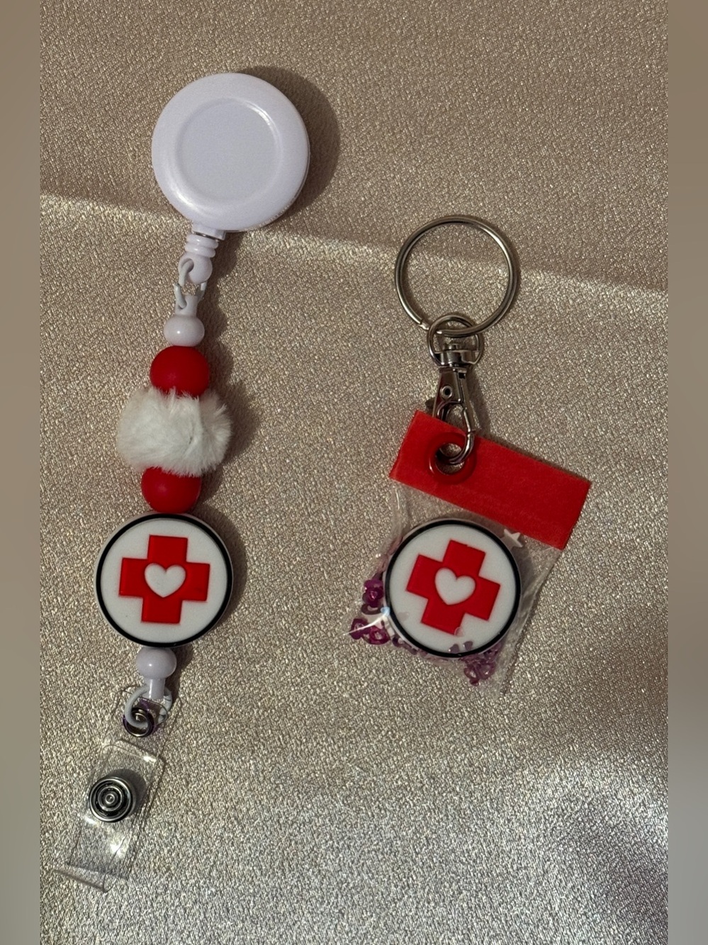 Handmade Beaded Preppy Medical Red Cross Heart Badge Reel & Keychain Set